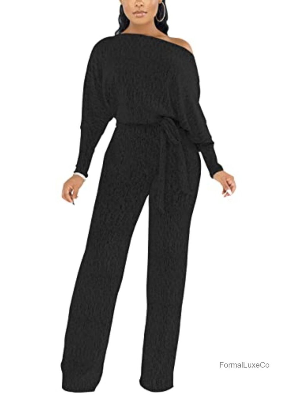 Sexy One Shoulder Sequin Jumpsuit Plus Size Wide Leg Romper with Belt